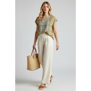 Johnny Was Biya Tunic Blouse Sz L 100% Cupra Olive Embroidered Boho Elegant Chic